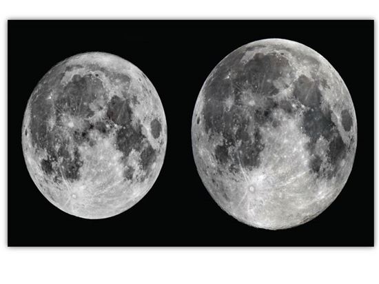 ▲올해 가장 큰 달인 '슈퍼문(오른쪽)'을 오는 12월4일 볼 수 있다. 올해 가장 작은달은 지난 6월9일(왼쪽) 떴다. 슈퍼문은 가장 작은달보다 14% 더 크다. 약 30% 더 밝다.[사진제공=한국천문연구원]  
