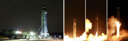북한이 29일자 노동당 기관지 노동신문을 통해 공개한 신형 대륙간탄도미사일(ICBM) '화성-15형' 시험발사 모습.(사진=연합뉴스)