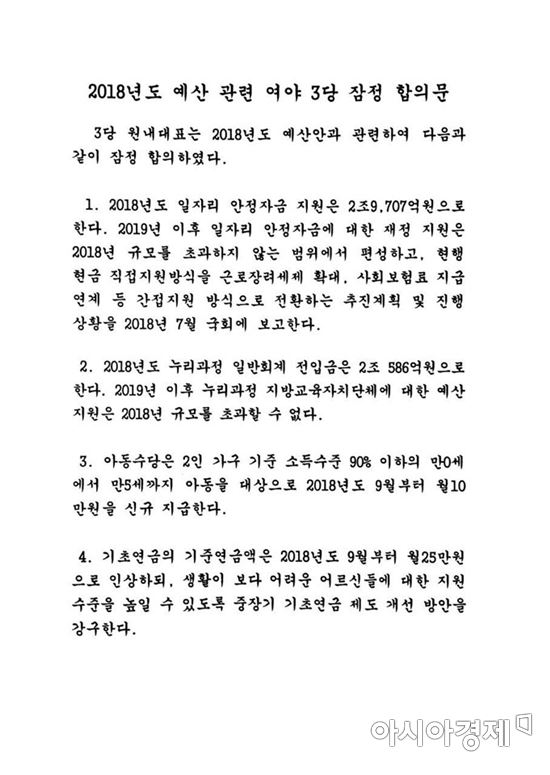 여야 2018년 예산안 합의문