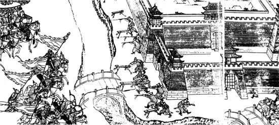 1621년 벌어진 영원성 전투도. 만리장성 변방에 딸린 작은 요새였던 영원성을 공략하던 청군은 크게 패해 물어갔다. 명나라 말기 만리장성은 각종 방어시설과 대포가 배치되면서 실질적인 방어선 기능을 했다고 평가받는다.(사진=위키피디아)