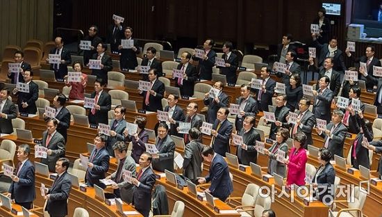 6일 국회 본회의에서 새해 예산이 통과되자 자유한국당 의원들이 피켓을 들고 항의하고 있다.