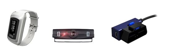 생체·차량정보·영상 기반 졸음운전 경고 서비스에 활용되는 스마트 밴드(왼쪽부터), 영상 인식 카메라, 차량 정보 수집 장치.