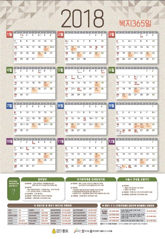 종로 1·2·3·4가동 '2018 복지365 달력'  배부