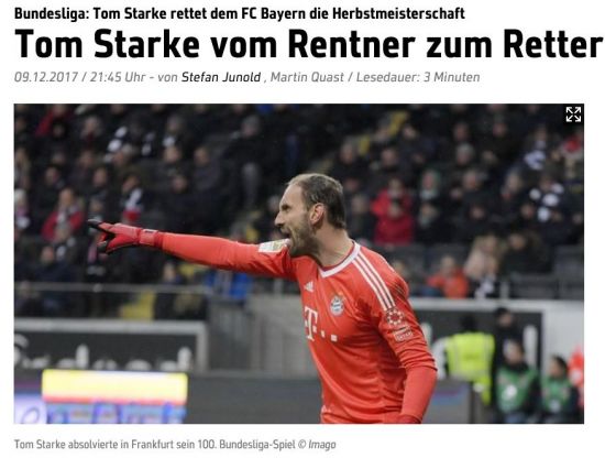 [강한길의 분데스리가 돋보기]은퇴한 GK 슈타르케, 뮌헨의 전반기 진군을 이끌다