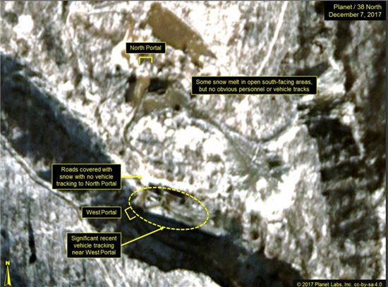 7일 인공위성이 촬영한 풍계리 핵실험장 서쪽 갱도 지역. 디지털글로브/38노스