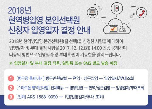 병무청, 2018현역병입영 본인선택원 신청자 입영일자 및 부대 공개