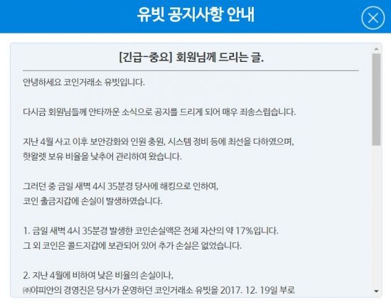국내 중소 가상화폐 거래소 유빗(Youbit)이 공지사항을 통해 해킹 피해로 문을 닫는다고 19일 밝혔다. (사진=유빗 홈페이지 캡처)