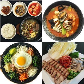 테디밸리의 대표적인 메뉴 나주한우곰탕과 황제짬뽕, 오겹살수육과 통영생굴보쌈, 흑돼지비빔밥(왼쪽 위부터 시계방향으로).