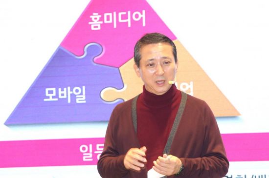 권영수 LG유플러스 부회장이 시무식에서 5대 조직문화안에 대해 설명하고 있다.