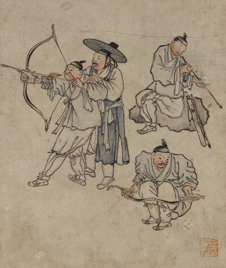 활쏘기 훈련을 받고 있는 사람들을 그린 단원 김홍도의 민속화 '활쏘기' 모습. 조선시대에는 남녀노소 모두 활쏘는 법을 배웠다고 전해진다.(사진=국립중앙박물관)