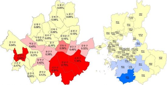 서울(왼쪽)과 경기인천의 주간 아파트 매매가격 증감률.