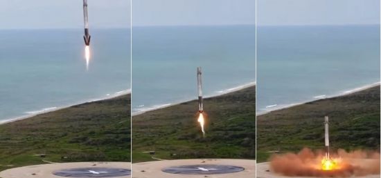 스페이스X의 발사체 팰컨9호가 귀환에 성공하는 모습. 재사용 로켓인 팰컨9호는 싣고간 우주선을 궤도로 보낸 뒤 하늘에서(사진 맨 왼쪽) 정해진 지점으로 내려와 가뿐하게 착지했습니다(사진 맨 오른쪽).[사진출처=유튜브 화면캡처]