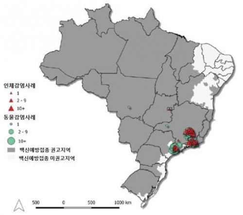 브라질 황열 인체·동물 감염사례 발생지역 및 백신접종 권고지역 (지난해 7월1일~올해 1월30일)