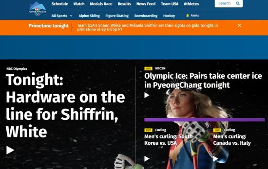 미국 NBC 방송이  금메달이 유력한 알파인 스키 대표팀 미카엘라 시프린의 경기를 홍보하고 있다.(NBC 캡처)