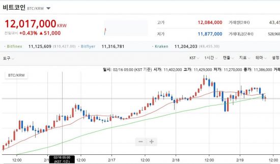 '연휴 끝' 비트코인 1200만원대‥'2월 랠리' 신호탄?(종합)
