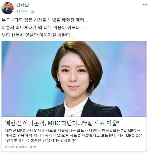 'MBC 퇴사' 배현진 동료 김세의 "너무 마음 아프다…행복한 앞날 이어지길"