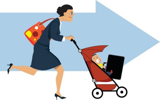 Businesswoman with a diaper bag running and pushing a stroller, baby holding her briefcase, an arrow in the background, EPS 8 vector illustration, no transparencies