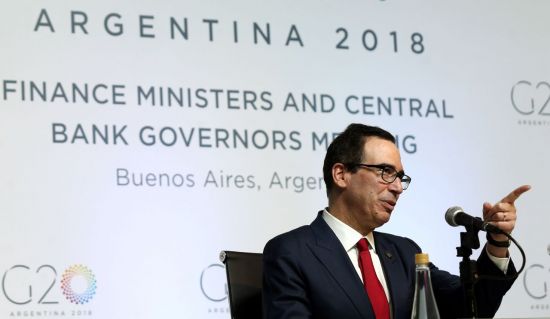 스티븐 므누신 미국 재무장관이 20일(현지시간) 아르헨티나 부에노스아이레스에서 열린 G20 재무장관·중앙은행 총재 회의에 참가해 발언을 하고 있다. [이미지출처=로이터연합뉴스]