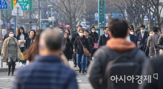수도권을 비롯한 전국 대부분 지역에 미세먼지 주의보 '나쁨' 단계가 발령된 27일 서울 종로구 세종로 네거리에서 직장인들이 마스크를 쓰고 출근길에 오르고 있다./강진형 기자aymsdream@
