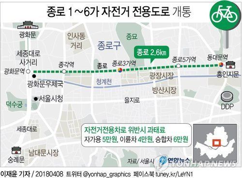 종로1~5가 2.6km 자전거 전용차로 개통…위반 과태료 최대 6만원