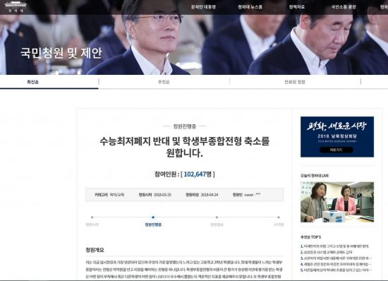 "수능 최저기준 유지" 국민청원 10만명 '훌쩍'