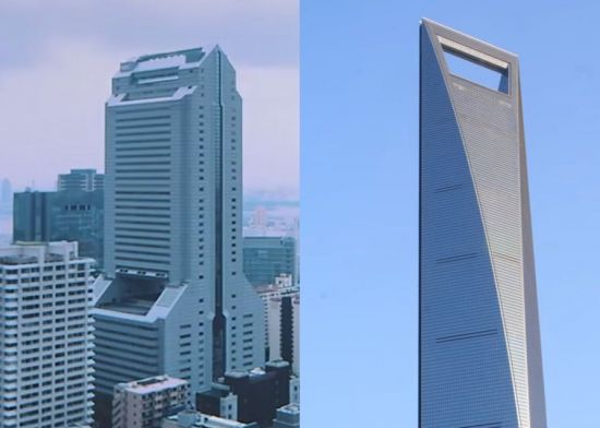 중국 상하이 세계금융센터(오른쪽)는 최고층부에 커다란 바람구멍을 만들어 빌딩풍을 줄였고, 일본 도쿄의 NEC 슈퍼타워(왼쪽)는 건물 중간에 구멍을 뚫어 바람이 통하도록 만들었습니다.[사진=NEC홈페이지 및 유튜브 화면캡처]