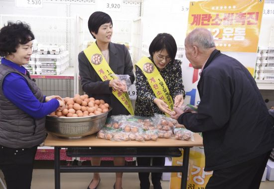19일 서울 서초구 농협하나로마트 양재점에서 임직원들이 계란 소비 촉진 112캠페인을 진행하면서 고객님들께 삶은 계란을 나눠주고 있다.