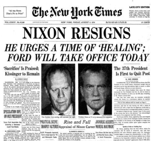 닉슨 사임을 보도한 뉴욕타임스.