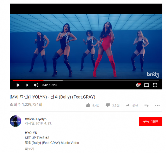 효린 신곡 ‘달리(Dally)’, 유튜브 조회 수 120만 돌파