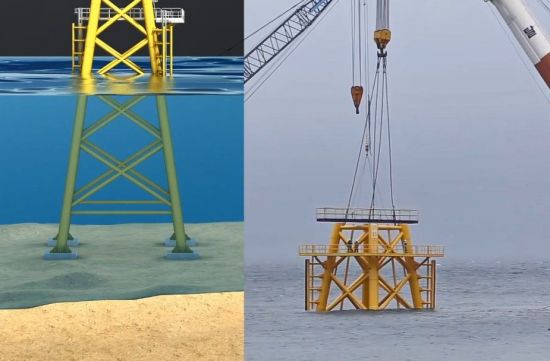 해상풍력발전기가 '중력케이스' 방식으로 설치되고 있다. 수심이 낮은 해저에 콘크리트 구조물을 설치한 뒤 기둥을 고정시키는 수중(왼쪽)과 수면 위 크레인의 작업 모습.[사진=한국남동발전 홈페이지]