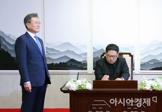 [포토]방명록 작성하는 김정은 기다리는 문재인 대통령