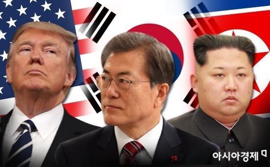 문재인 대통령(가운데)과 김정은 북한 국무위원장(오른쪽), 도널드 트럼프 미국 대통령.