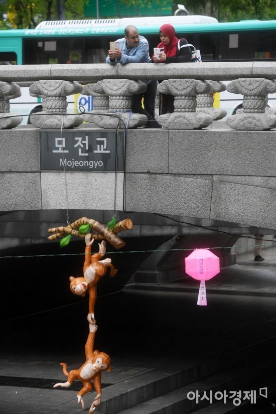 [포토]청계천 모전교에 매달린 원숭이들