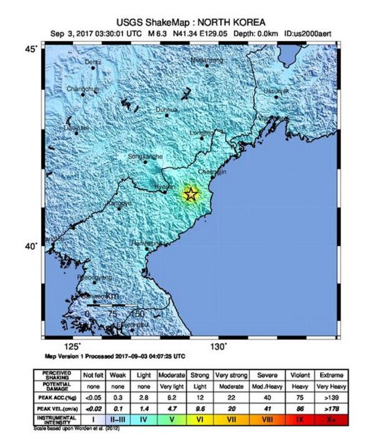 지난해 9월 미국 지질조사국(USGS)이 배포한 지진도에 규모 6.3으로 나타난 북한 인공지진 진앙지역이 노란색 별모양으로 표시돼있다. [이미지출처=연합뉴스]