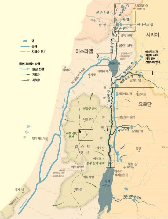 예루살렘은 이스라엘의 역사적 수도이자 성지일 뿐만 아니라 요르단강 서안지역 일대와 유태인 정착촌들의 중심도시로 요르단강 일대의 수자원에 대한 실효지배를 강화시킬 수 있는 전략적인 요충지역에 놓여있다.(지도=내셔널지오그래픽)