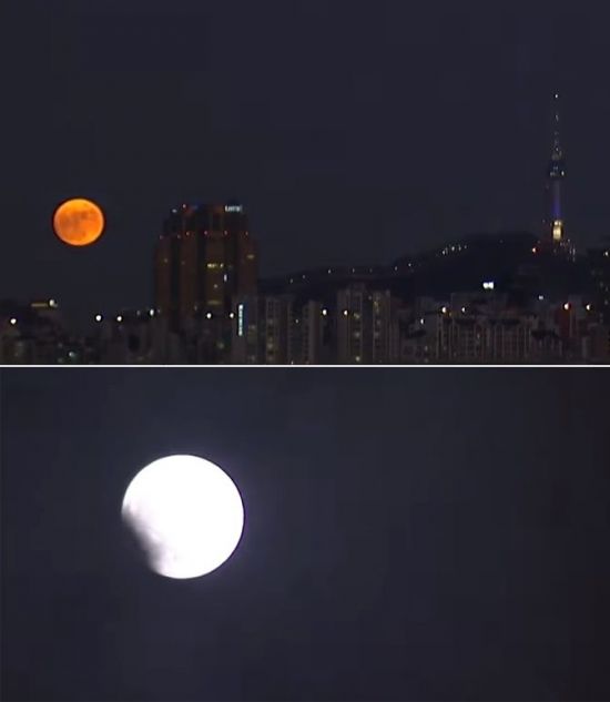 건물이나 물체의 뒤에 있는 보름달은 멀리 있는 것처럼 보이고(위), 하늘에 두둥실 뜬 보름달은 보다 가까이 있는 것처럼 보입니다(아래).[사진=유튜브 화면캡처]