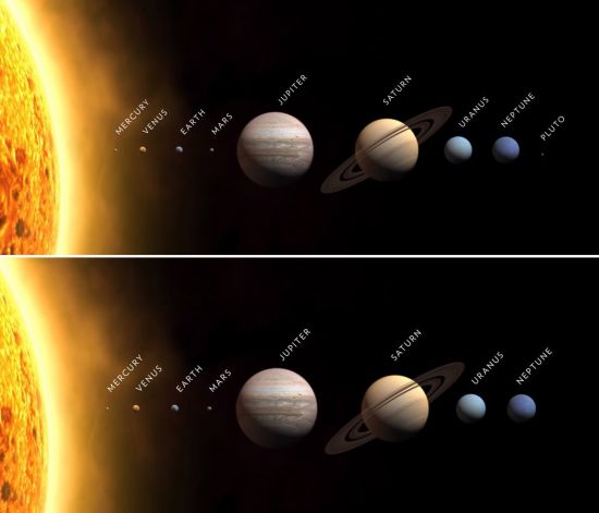 태양계 9개 행성(위)과 명왕성이 빠진 8개 행성의 모습. 명왕성이 행성에서 제외됐지만 여전히 명왕성은 태양계의 9개 행성 중 하나라면서 명왕성에 대한 애정을 버리지 못하는 사람들이 많습니다.[사진=내셔널지오그래픽채널 화면캡처]
