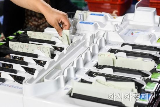 제7회 전국동시지방선거를 이틀 앞둔 2018년 6월11일 서울 영등포다목적배드민턴체육관에 마련된 개표소에서 영등포구선관위 직원들이 투표지분류기를 점검을 하고 있다./강진형 기자aymsdream@
