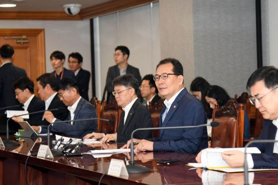 고형권 기획재정부 차관(오른쪽 두번째)이 14일 서울시 중구 명동 은행회관에서 열린 제56차 거시경제금융회의를 주재하고 모두 발언을 하고 있다.