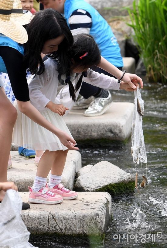 [포토] 미꾸라지 방생하는 아이들