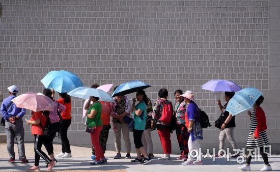 [포토] 우산으로 햇볕 가리는 관광객들