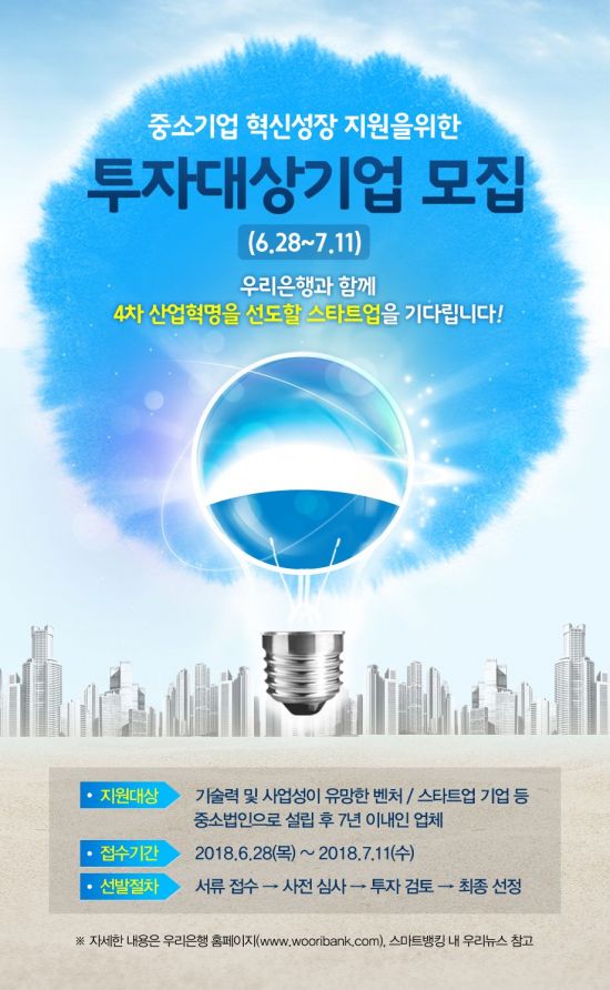 우리銀, 벤처기업·스타트업 직접투자 공모 실시…최대 10억원 지원