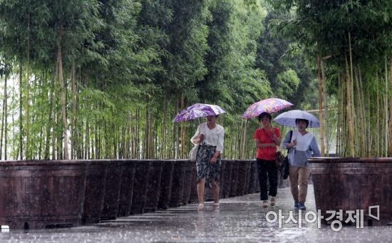 서울 등 내륙은 찜통더위가 찾아온 3일 서울 용산구 국립중앙박물관을 찾은 시민들이 기습적인 소나기에 우산을 쓴 채 발걸음을 재촉하고 있다. /김현민 기자 kimhyun81@