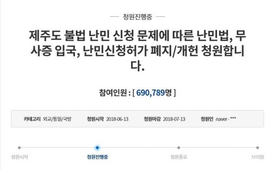 난민반대 국민청원 70만 육박, 역대 최다기록... 反난민 정서 심화 