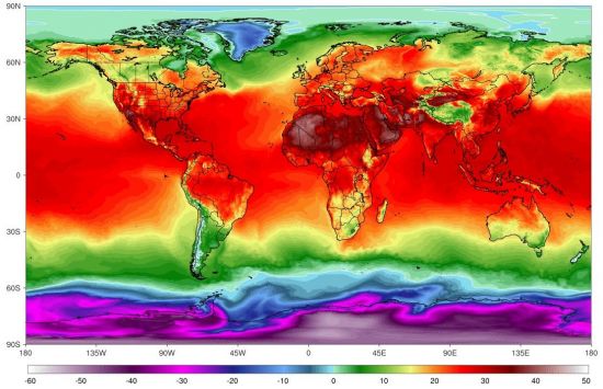 실시간 기후 측정사이트 'climate reanalyzer'에 나온 지구 기온 상황. 시베리아 지역부터 호주에 이르까지 대륙 대부분 지역이 30도 이상 폭염에 시달리고 있다. 전 지구적인 폭염과 가뭄의 여파로 곡물 생산량 감소 우려가 커지고 있다.(자료= https://climatereanalyzer.org)