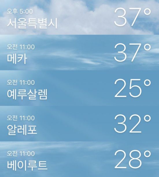 1일 오후 5시 서울의 기온은 오전 11시 사우디아라비아의 메카와 맞먹을 정도로 무더웠다. 예루살렘, 알레포, 베이루트 등 주요 중동 도시들의 기온을 크게 상회했다.(사진=애플 아이폰 날씨앱)