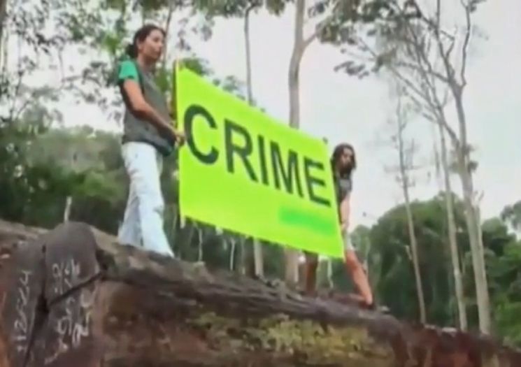 아마존의 불법 벌목을 항의하는 환경단체 회원들. [사진=유튜브 화면캡처]