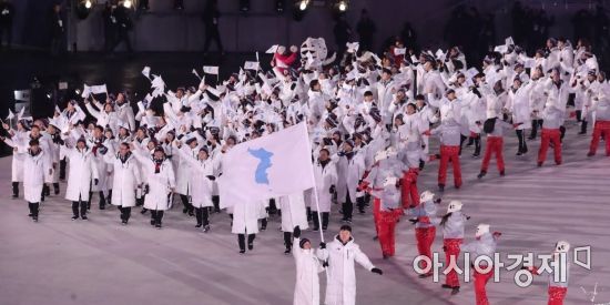 지난 2월 강원 평창올림픽스타디움에서 열린 2018 평창 동계올림픽 개막식에서 남북 선수와 임원들이 한반도기를 들고 공동입장하고 있다.