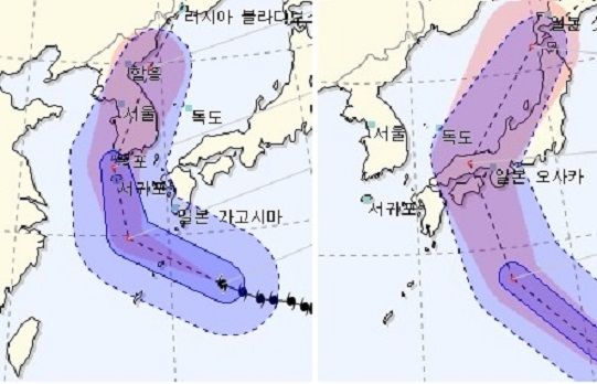 제 19호 태풍 '솔릭'의 예상경로(왼쪽)와 20호 태풍 '시마론
'의 예상경로. 23일께 두 태풍은 각각 서해상과 일본 해상 일대에 북상, 마주칠 것으로 예상되며 상호 어떤 영향을 끼칠지 예측불허인 상태다.(자료=기상청)
