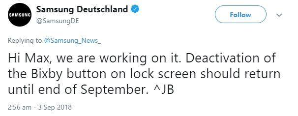 빅스비 버튼 비활성화 기능을 9월말까지 제공하겠다고 답한 삼성전자 독일 트위터 공식계정.